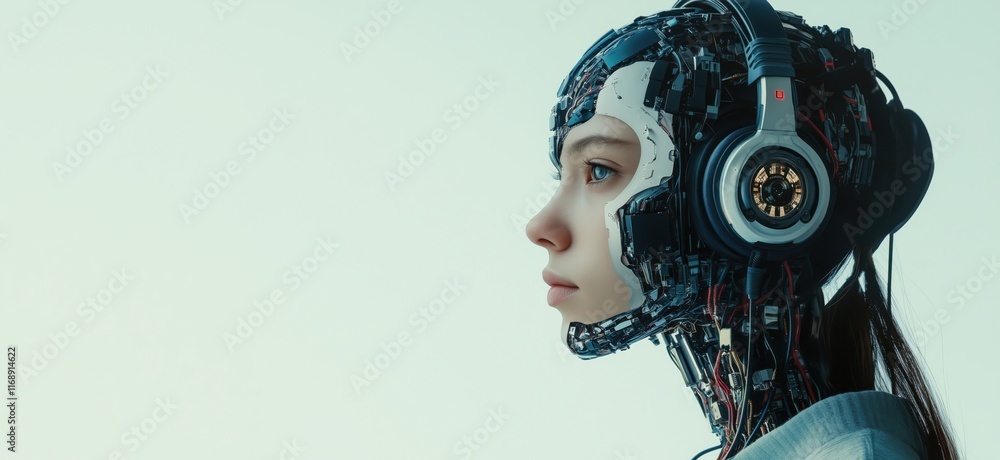 Poster futuristic humanoid robot with intricate circuitry and headphones, showcasing advanced technology an