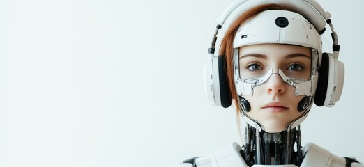 Futuristic humanoid robot with human-like features and headphones, showcasing advanced technology and design, copy space for text