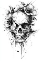 Fototapeta premium draw, skull, black art, tattoo, flowers, plants, drawing, face