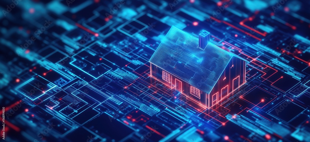Poster digital house model surrounded by glowing circuit patterns and data streams, representing smart home