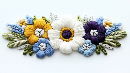 Obraz premium Embroidered Floral Bouquet White Purple Yellow Flowers