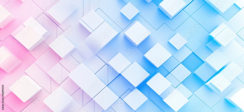Poster abstract geometric composition of 3d cubes and rectangles in gradient pink and blue tones, creating 