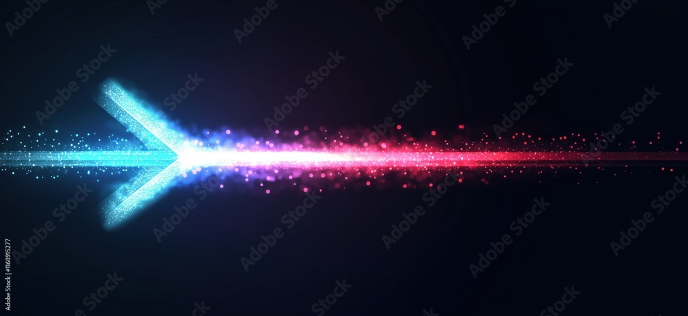 Poster dynamic glowing arrow with blue and red light trails, sparkling particles, and a dark background, sy