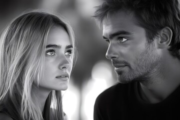 Fototapeta premium Young couple gazing lovingly at each other in black and white