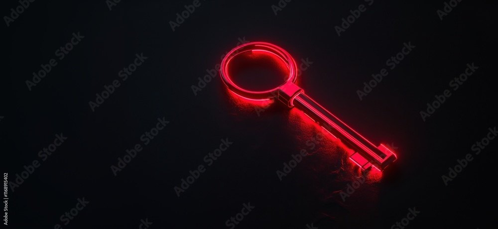 Poster neon red key symbolizing security and access in dark background, modern design with futuristic aesth