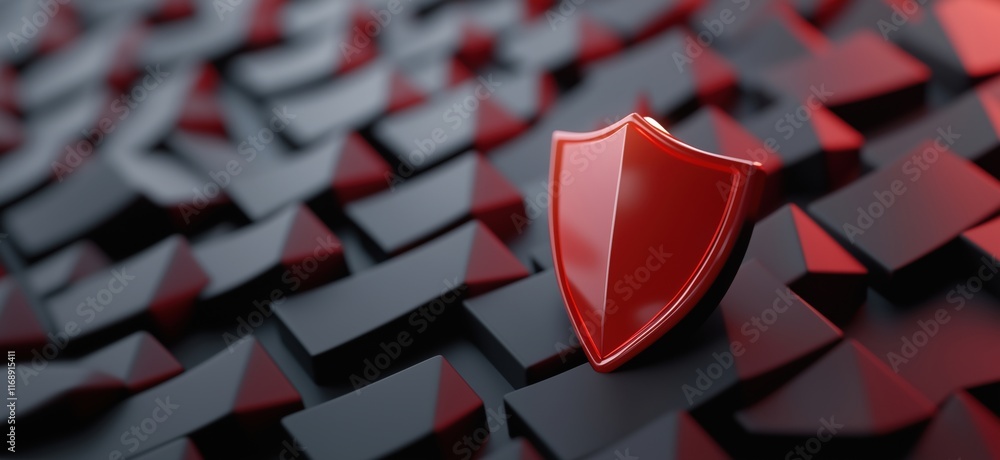 Poster red shield emblem on textured black surface representing security and protection, copy space for tex