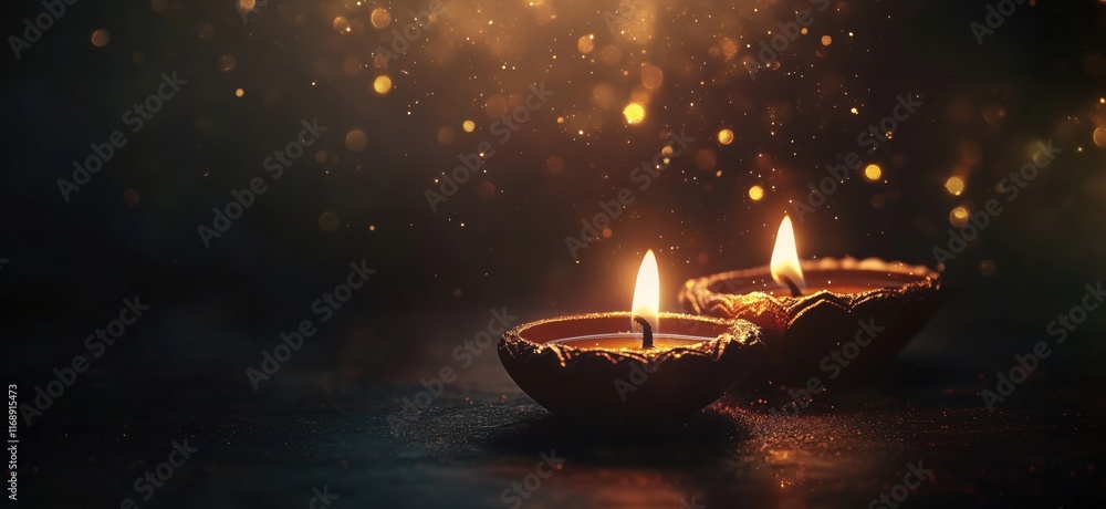 Poster glowing candles illuminating dark space, creating warm ambiance with shimmering bokeh effect, perfec