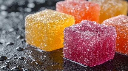 Close-up of four colorful, glistening jelly cubes on a dark, wet surface.