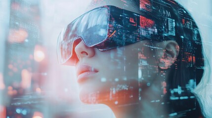 Immersive fusion of digital technology and futuristic aesthetics. Double exposure visualizes the intersection of virtual and tangible realms, epitomizing the boundless possibilities of innovation. 
