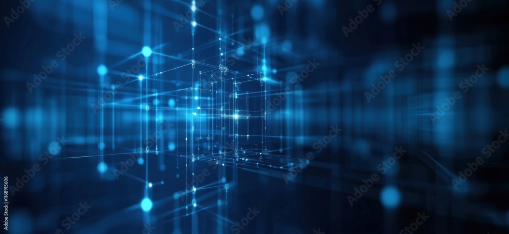 Poster abstract digital technology background with glowing blue lines and nodes representing data connectio