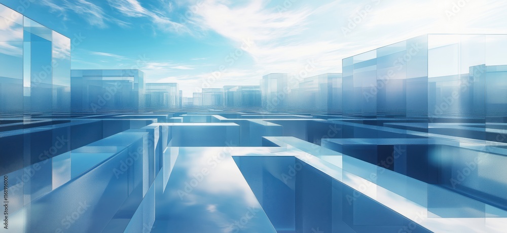 Poster futuristic cityscape with transparent glass structures reflecting sky and water, creating a maze-lik