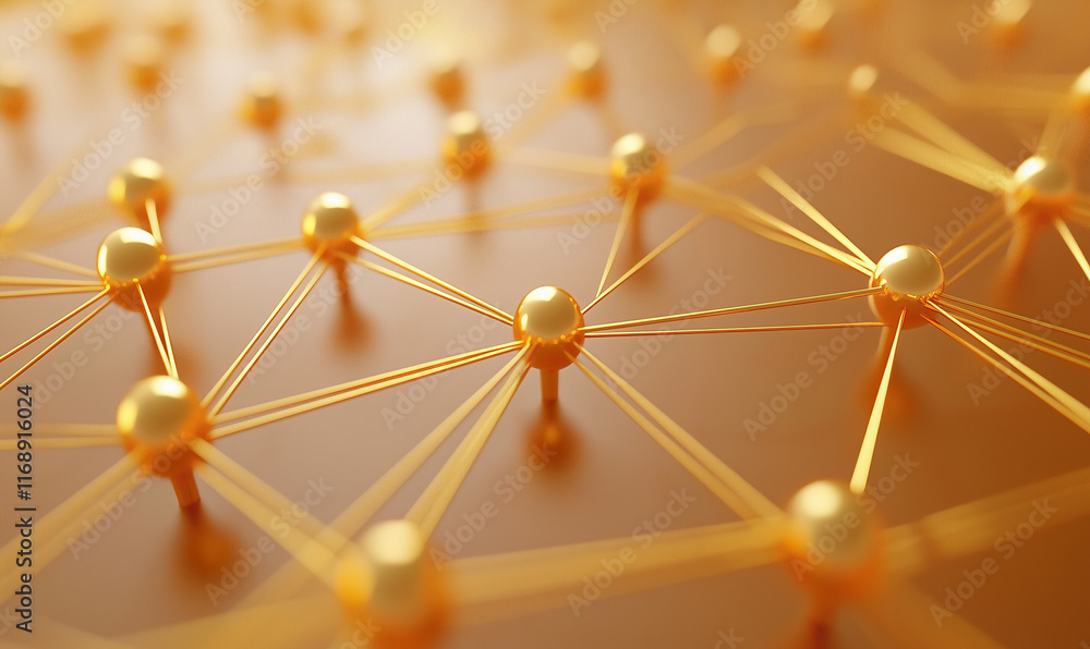 Poster abstract representation of interconnected nodes and lines in a golden hue, symbolizing technology, n