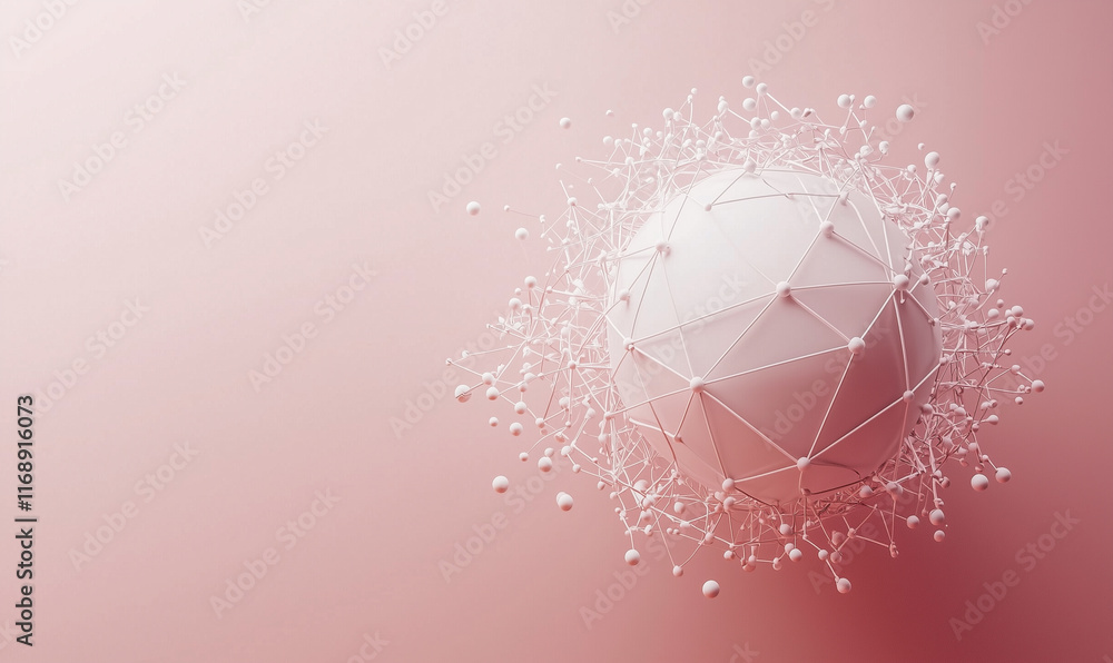 Poster a geometric shape surrounded by particles on a soft pink background, creating a modern and abstract 