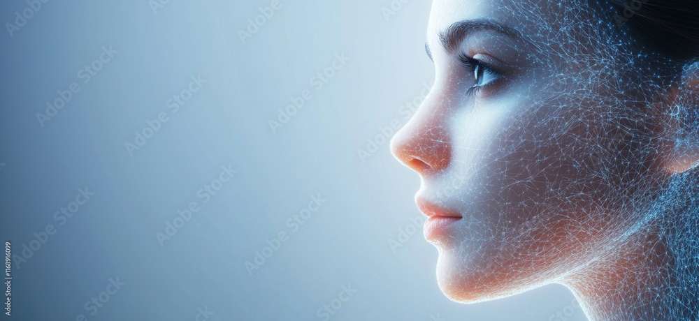 Poster digital representation of a human face with intricate network patterns, showcasing a blend of techno