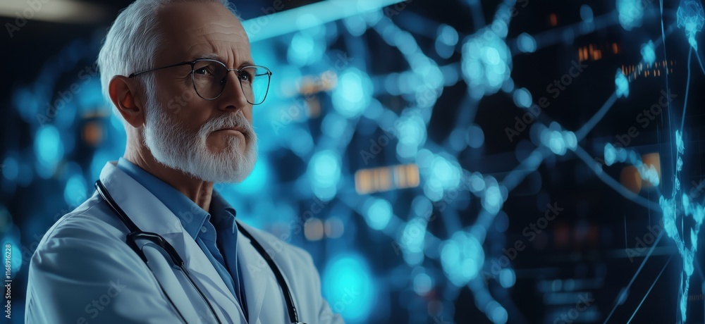Poster medical professional analyzing data in futuristic lab environment with digital network visualization
