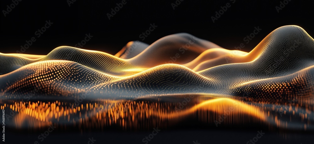 Poster abstract glowing wave patterns with luminous dots and reflective surfaces creating a mesmerizing dig