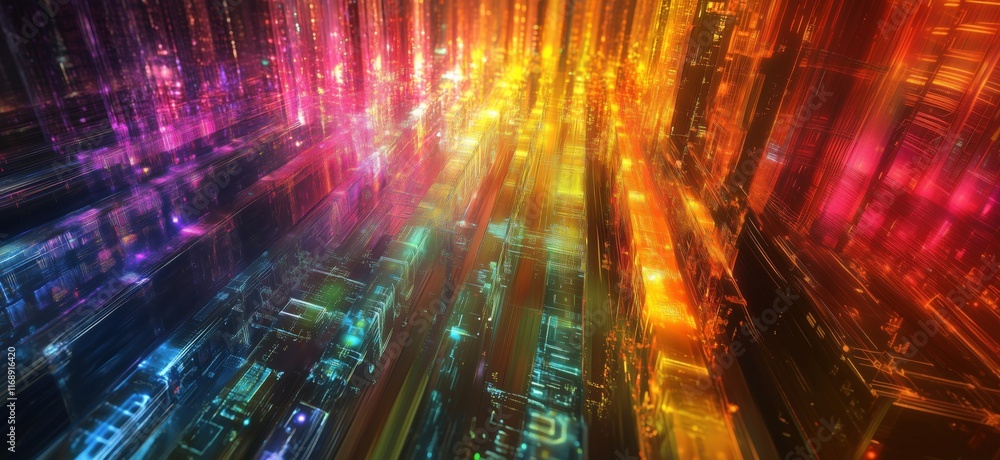 Poster vibrant abstract digital landscape with colorful light trails and glowing data structures, represent