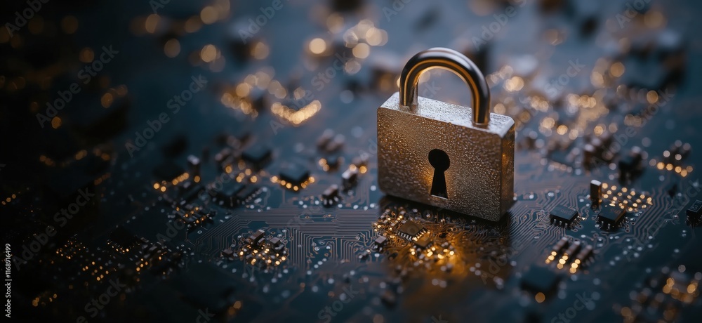 Poster digital security lock on circuit board, symbolizing cybersecurity and data protection in technology,
