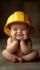 Smiling Baby wearing Construction Helmet, Studio Shot on Grey, Portrait of a Curious Baby