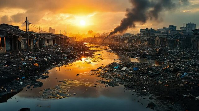 A polluted city with a river running through it