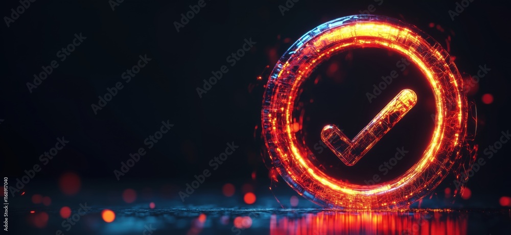 Poster glowing checkmark icon symbolizing approval and success in digital design with fiery effects, copy s