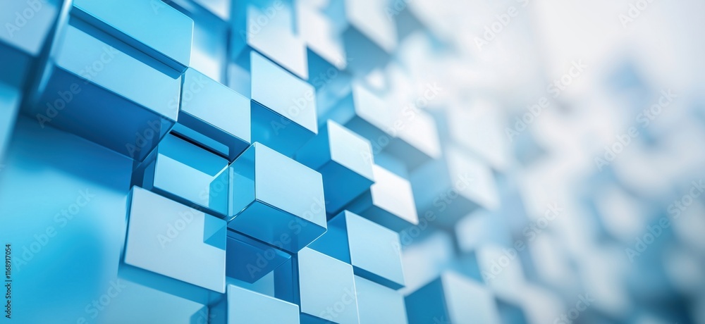 Poster abstract blue 3d cubes background with glossy surface and depth, creating a modern digital aesthetic
