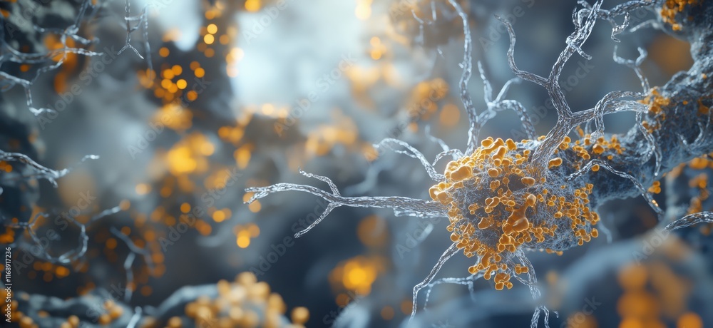 Poster microscopic view of neural connections showcasing intricate structures and vibrant orange synaptic f