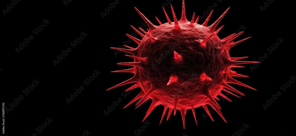 Poster 3d rendering of a red virus with spikes, depicting viral structure and characteristics, highlighting