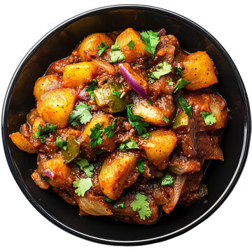 black plate of aloo baingan on white background