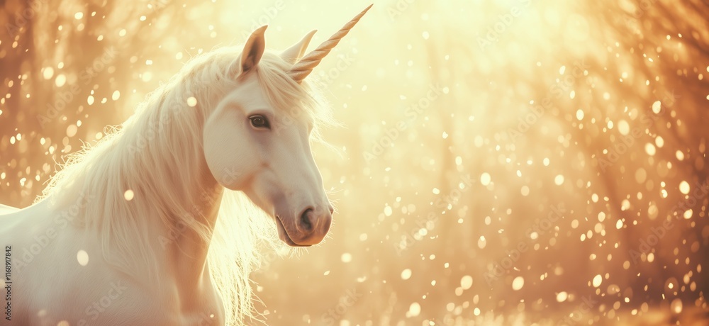 Poster majestic unicorn in ethereal golden light surrounded by sparkling bokeh, showcasing its elegant feat