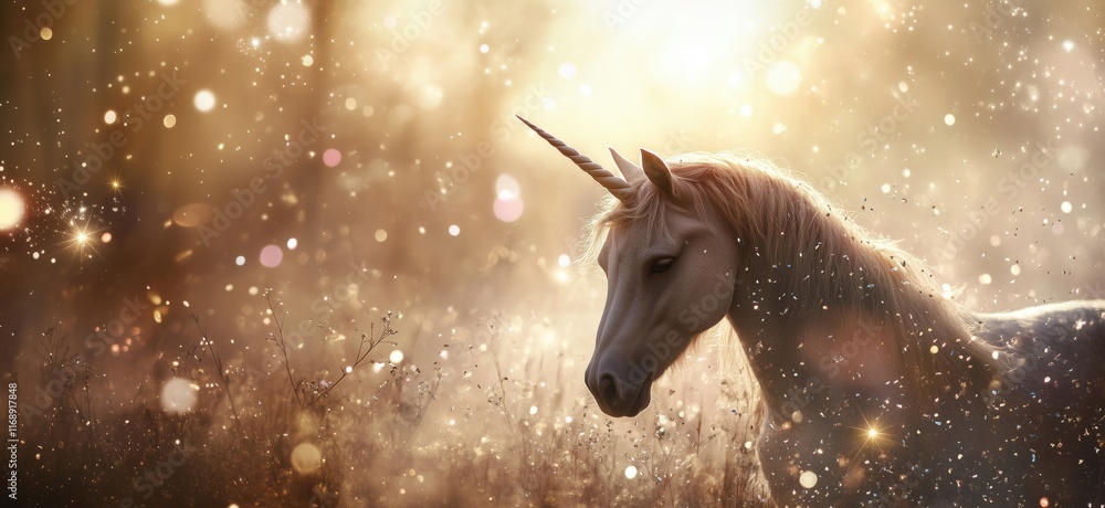 Poster majestic unicorn in ethereal golden light surrounded by sparkling bokeh and soft mist, evoking a sen