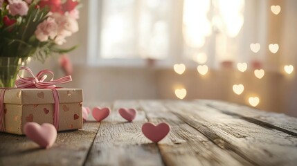Valentine's day background with empty wooden table, gift box and heart shapes. Holiday mock up for design and product display
