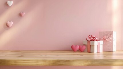 Valentine's day background with empty wooden table, gift box and heart shapes. Holiday mock up for design and product display