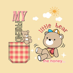 Cute bear vector character playing joyfully with little friend and looking happy
