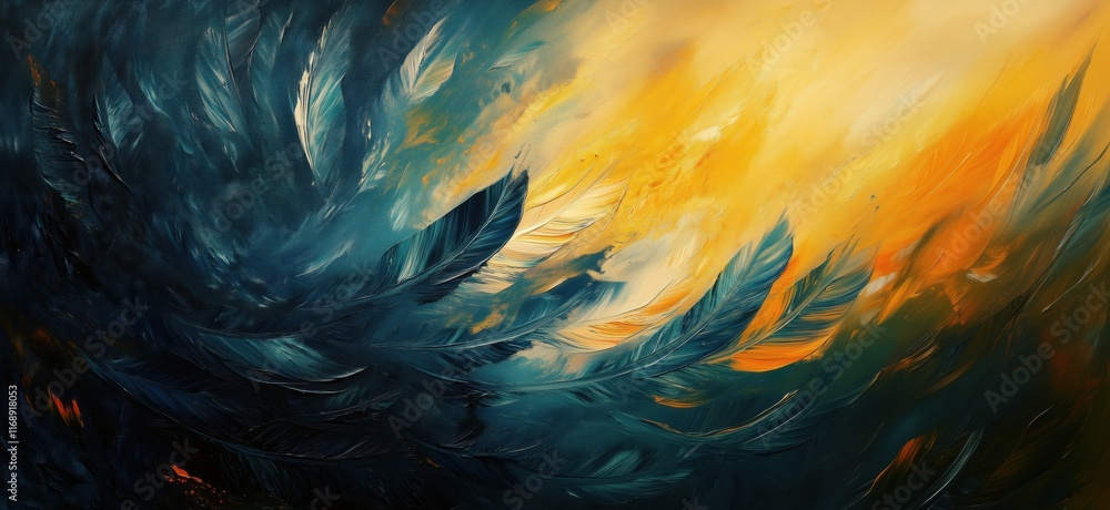 Poster abstract feathered patterns in vibrant blue and orange hues, showcasing dynamic brush strokes and te