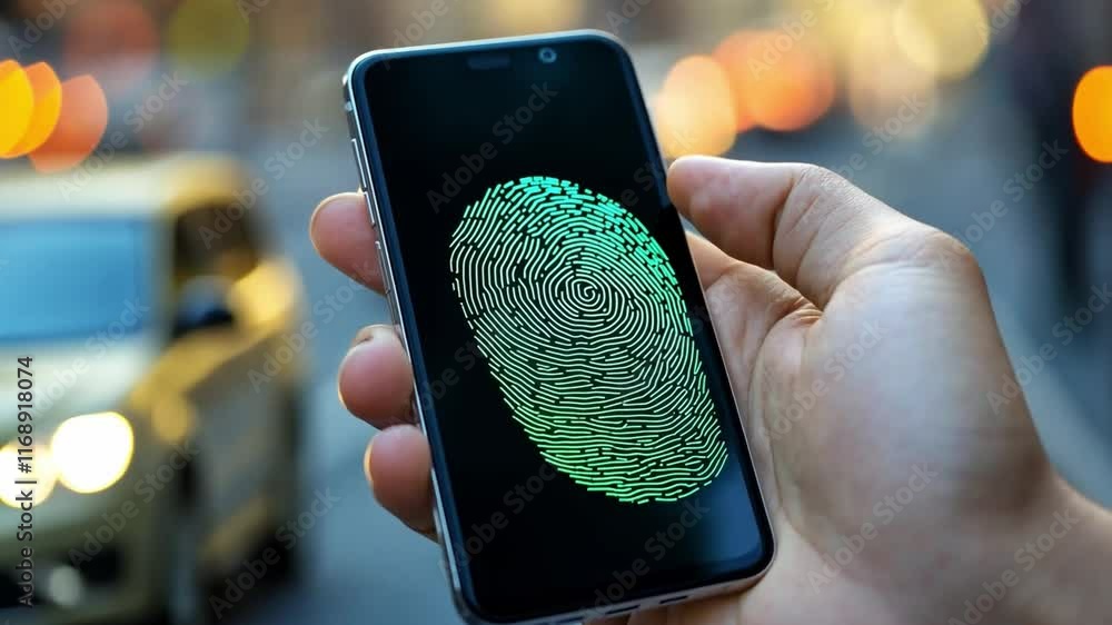 Poster innovative neobanking application uses fingerprint authentication on smartphone in urban setting