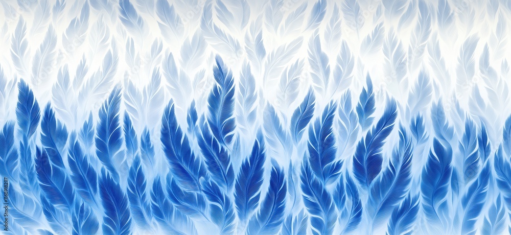 Poster blue feather pattern abstract design with gradient shades and delicate textures, copy space for text