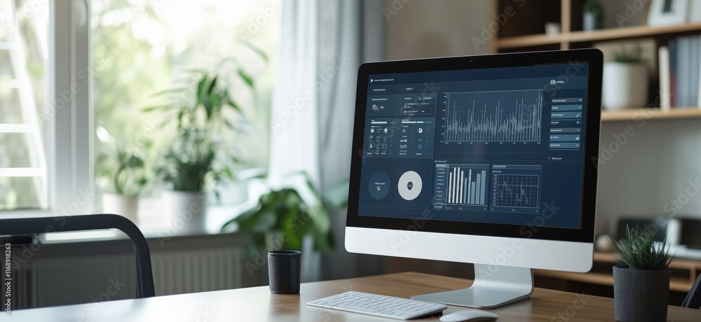 Poster modern workspace with computer displaying data analytics dashboard, plants, and minimalistic design,