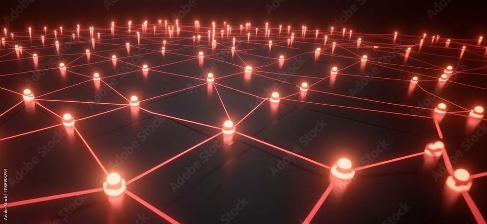 Poster illuminated network of nodes and connections with red glow, abstract digital landscape, futuristic t
