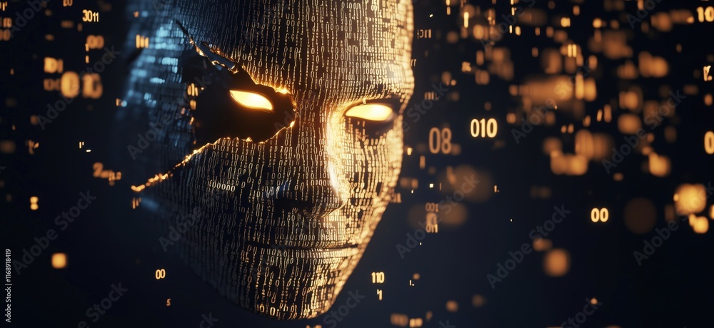 Poster digital face composed of binary code with glowing eyes, representing artificial intelligence and tec