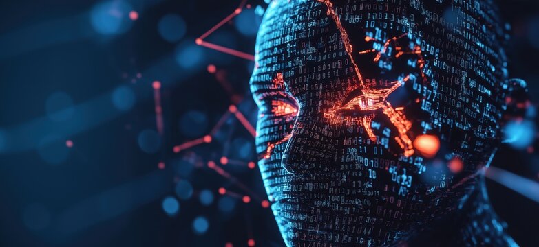 Digital human face composed of binary code and glowing neural connections, representing artificial intelligence and technology advancements, copy space for text