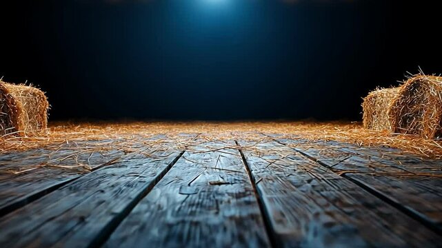 A dimly lit barn stage with hay bales and wooden floor, perfect for performances.