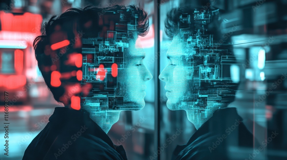 Poster human reflection with digital overlay in futuristic setting