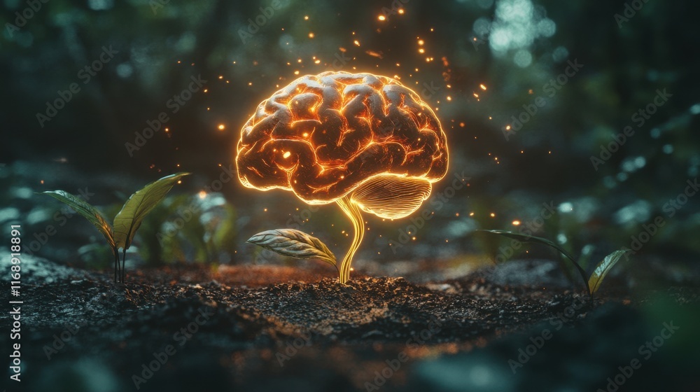 Poster glowing brain with roots emerging from soil in lush environment