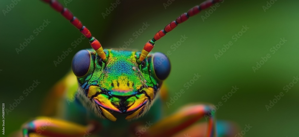 Poster vibrant macro shot of colorful insect with striking patterns and textures, close-up of eyes and ante
