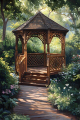 Naklejka premium Tranquil Garden Gazebo: A Retreat Amidst Nature's Embrace for Peaceful Reflection and Intimate Gatherings