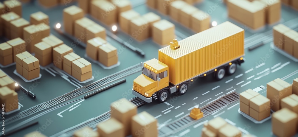 Poster logistics hub with yellow truck navigating through packed cargo boxes and railway tracks in a wareho