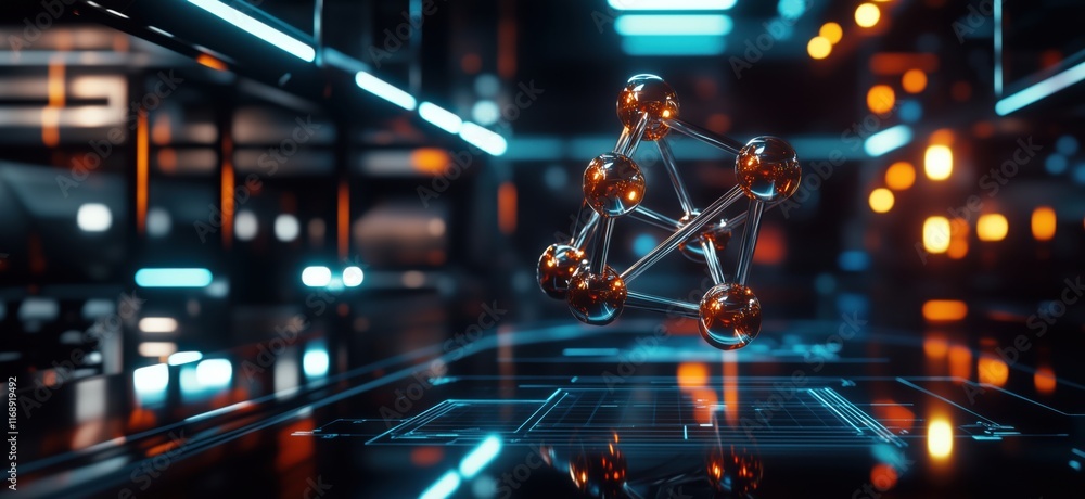 Poster 3d molecular structure in futuristic laboratory setting with neon lights and high-tech environment, 
