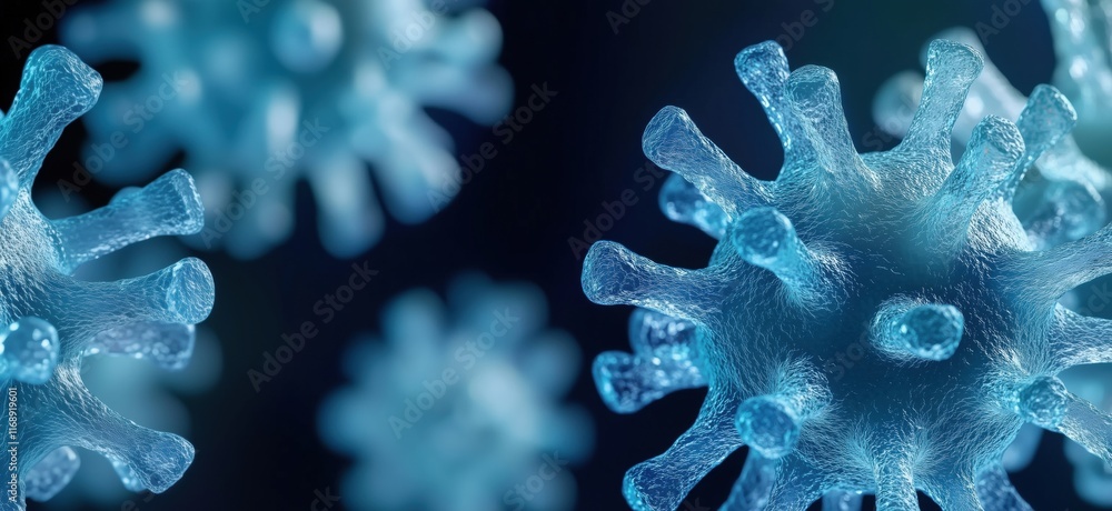 Poster microscopic view of virus particles showcasing intricate structure and details, highlighting scienti