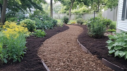 Winding garden path, mulch landscaping, backyard, summer. Home garden design.